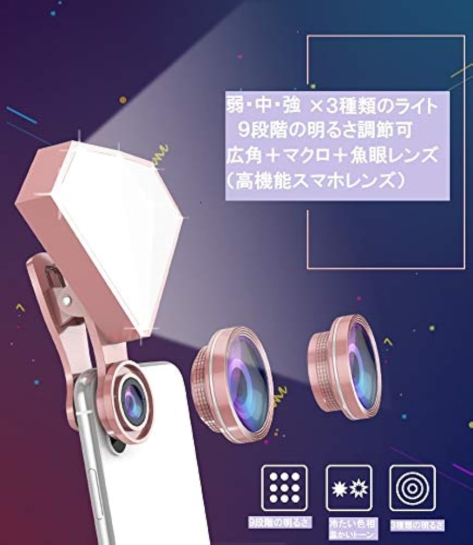 スマホレンズ iPhone/Andriod 全機種対応 自撮りライト ９段階の明るさ調節付き 185° 魚眼レンズ 150°( ピンク)｜horikku｜03