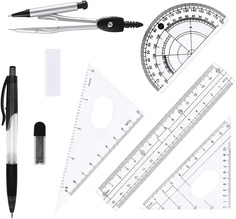 定規セット 分度器 製図 幾何学コンパス シャープペン 替芯 消しゴム 三角定規 クリアケース付き 8点セット( グレー)