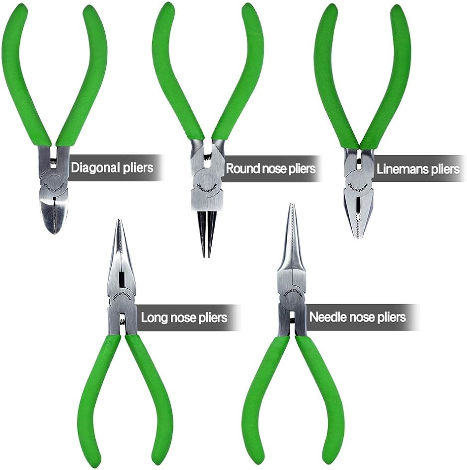 ペンチセット 5本 収納ケース付 丸やっとこ ニッパー ラジオペンチ リードペンチ ミニチュア 手芸用 工具( 緑,  4.5インチ)｜horikku｜02