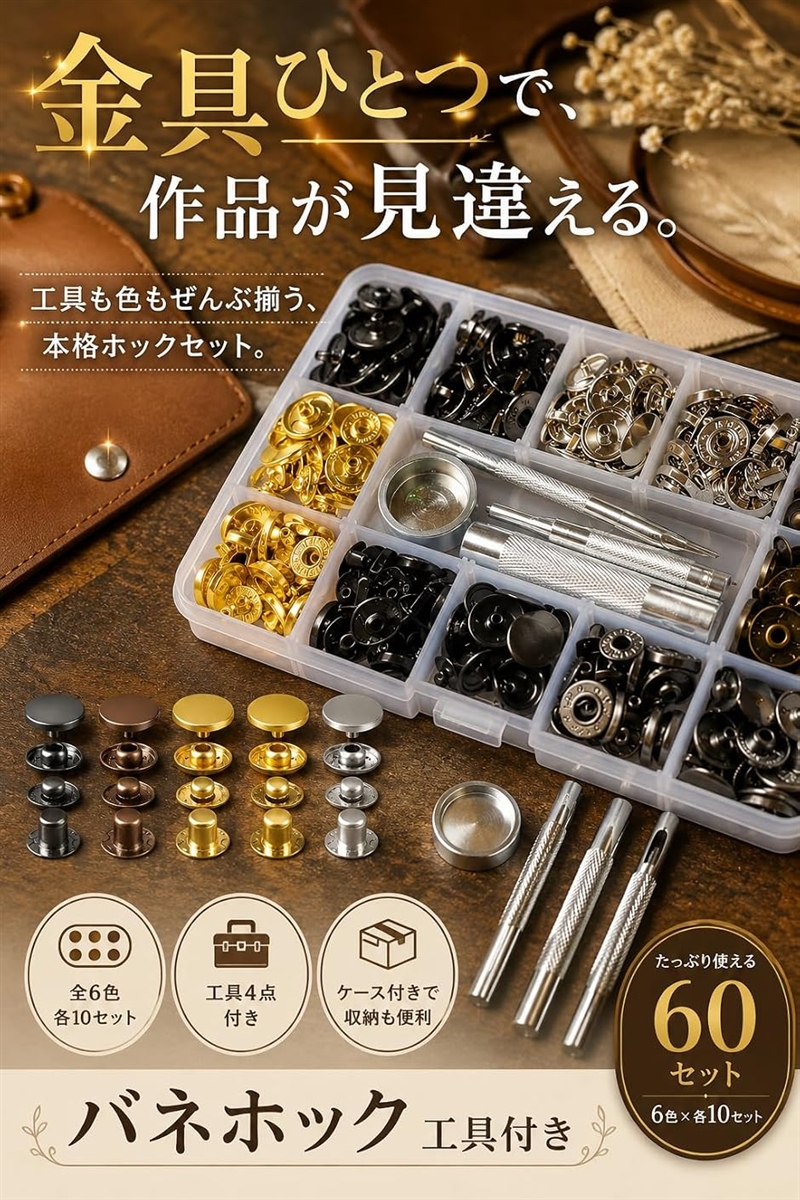バネホック ジャンパーホック かしめ 留め具 金属 ボタン 工具付き 60