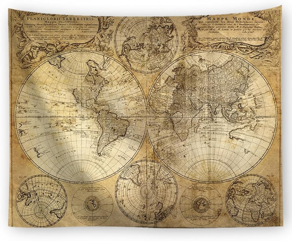 世界地図 タペストリー ポスター アンティーク 雑貨 大判 レトロ ビンテージ(ブラウン,  73x95cm) | ブランド登録なし