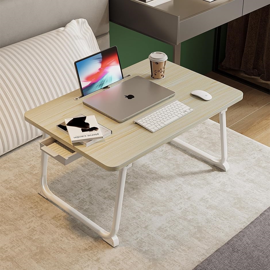 Yahoo! Yahoo!ショッピング(ヤフー ショッピング)折り畳みテーブルパソコンデスクちゃぶ台 table おりたたみテーブル（ベージュ,  長60x幅40cm（ カップホルダー+引き出し））