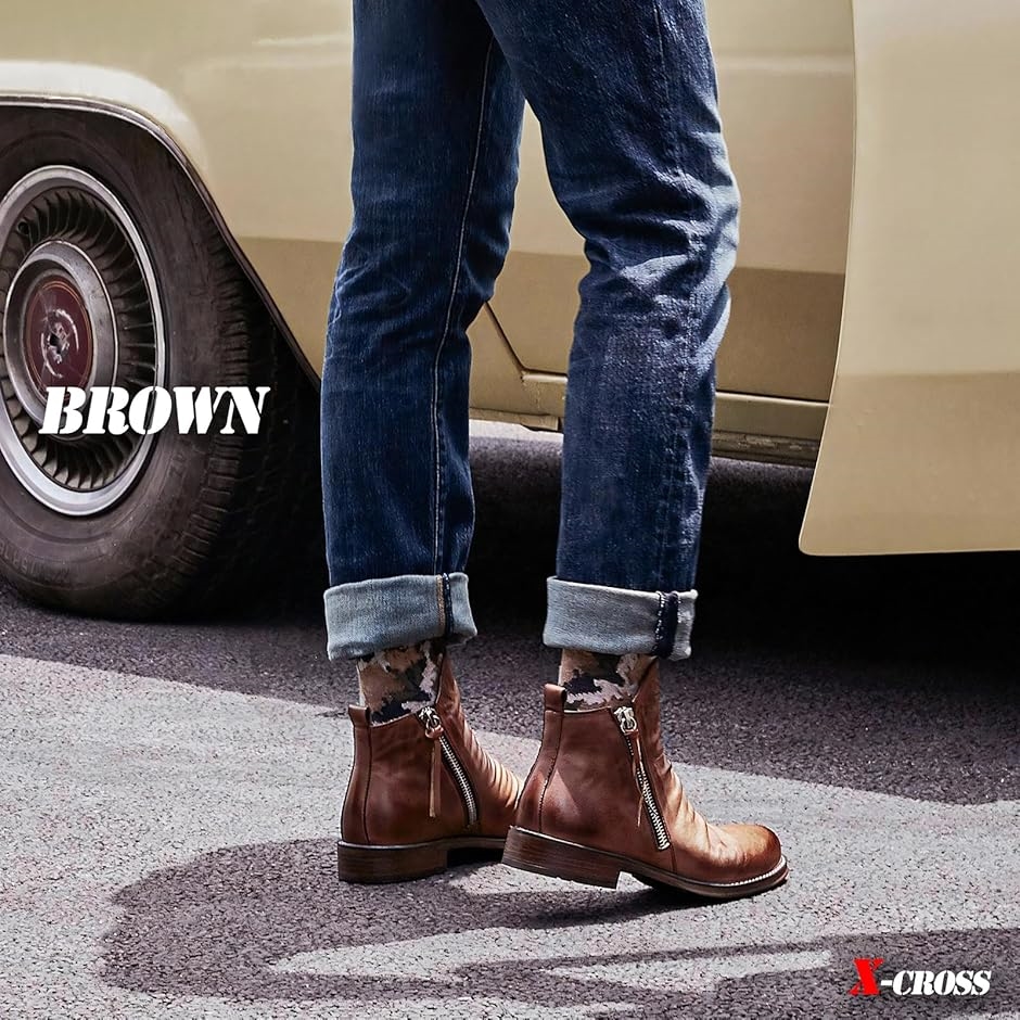 クロス レザーブーツ メンズ サイドジップ バイク ショートブーツ