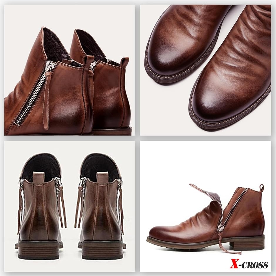 クロス レザーブーツ メンズ サイドジップ バイク ショートブーツ