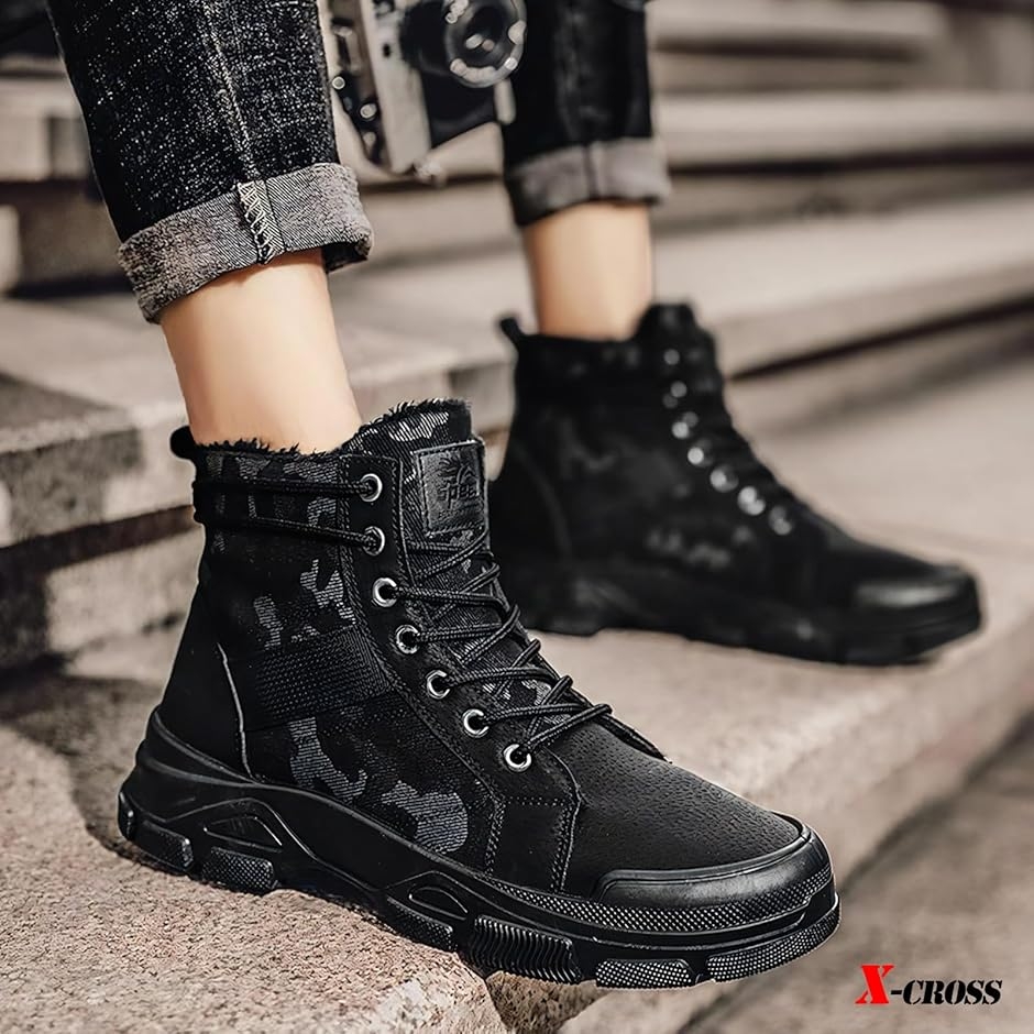 クロス 迷彩ブーツ メンズ 裏ボア 防寒 ショートブーツ 起毛 防寒靴