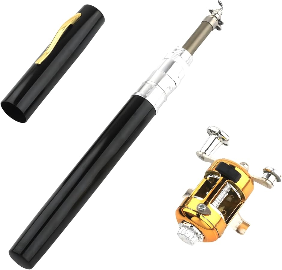 ペン型ロッド リール付 釣竿 小型 軽量 (ブラック, 96cm) : スピード