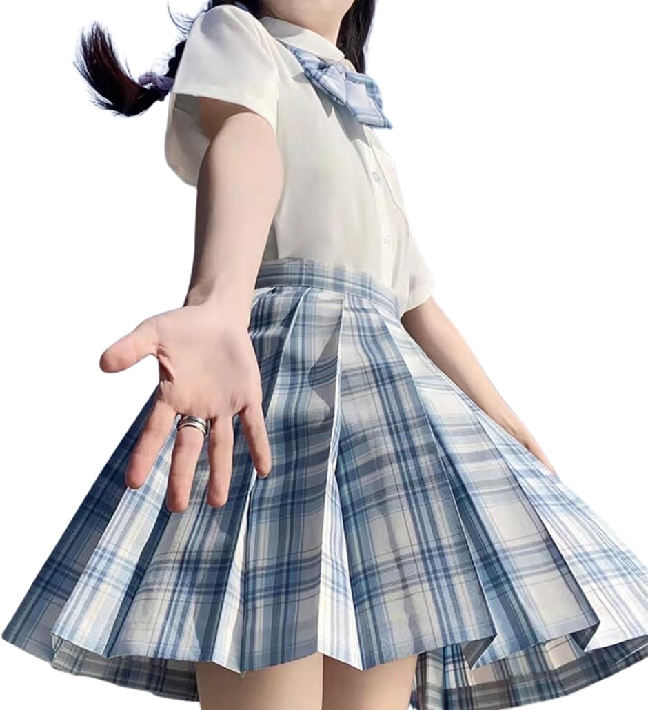 制服 コスプレ 女子高生 プリーツスカート チェックスカート シャツ リボン 3点セット チェック柄 半袖 学生服(ブルー,  L)