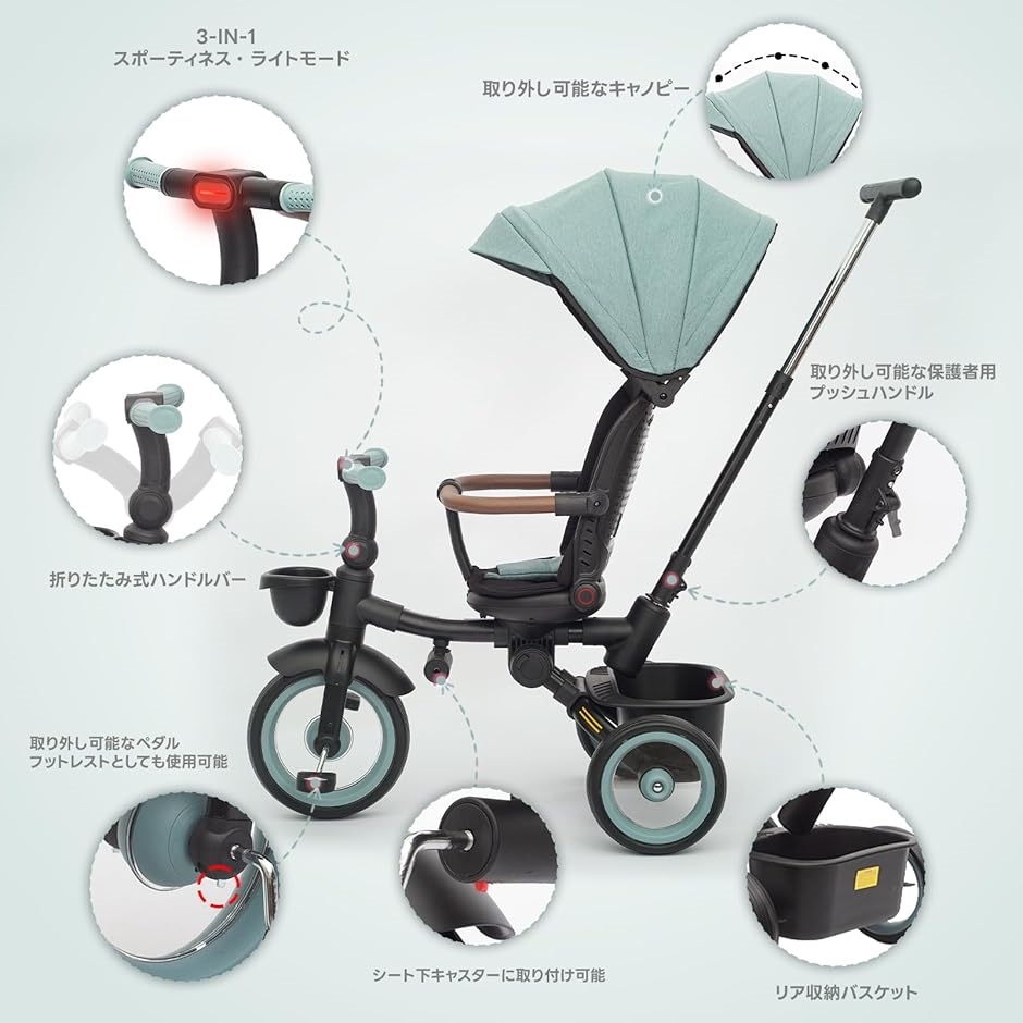子供用三輪車 7in1 折りたたみ 手押し棒 おしゃれ シートベルト付き