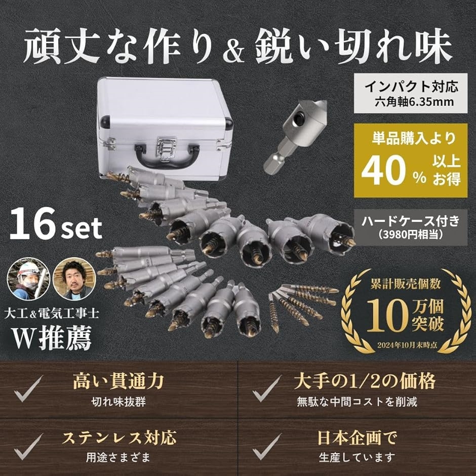未使用 超硬ホールソー 16本セット 六角軸6.35mm インパクトドライバー対応 六角軸6.35mm超硬ホールソーセット 16本