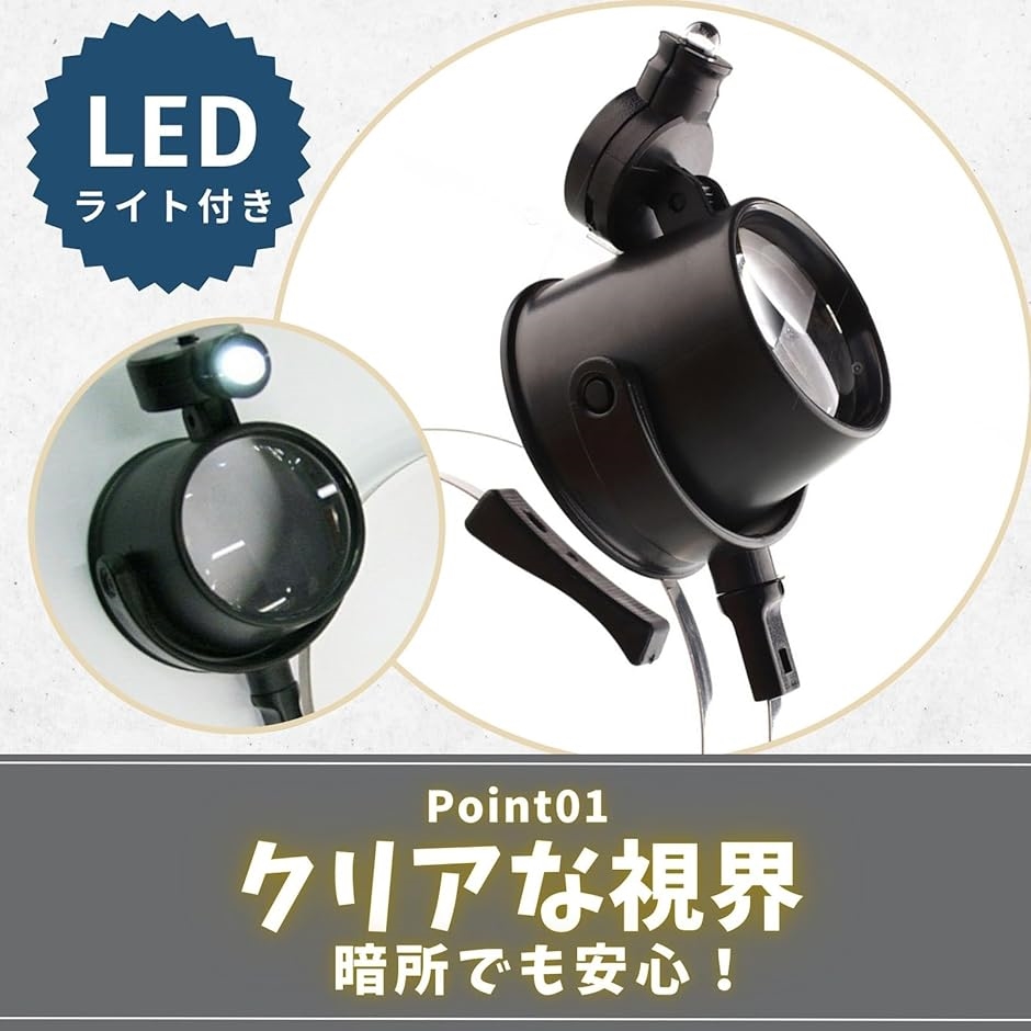 ヘッドルーペ 2個セット LEDライト付き 単眼 倍率15倍 拡大鏡 ハンズフリー 時計 宝石 研究 精密作業(ブラック,  ノーマル) | ブランド登録なし | 02