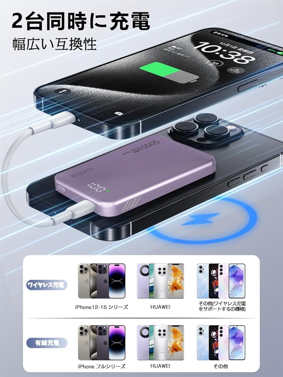 モバイル バッテリー MagSafe対応 薄型9MM 急速充電 マグネット