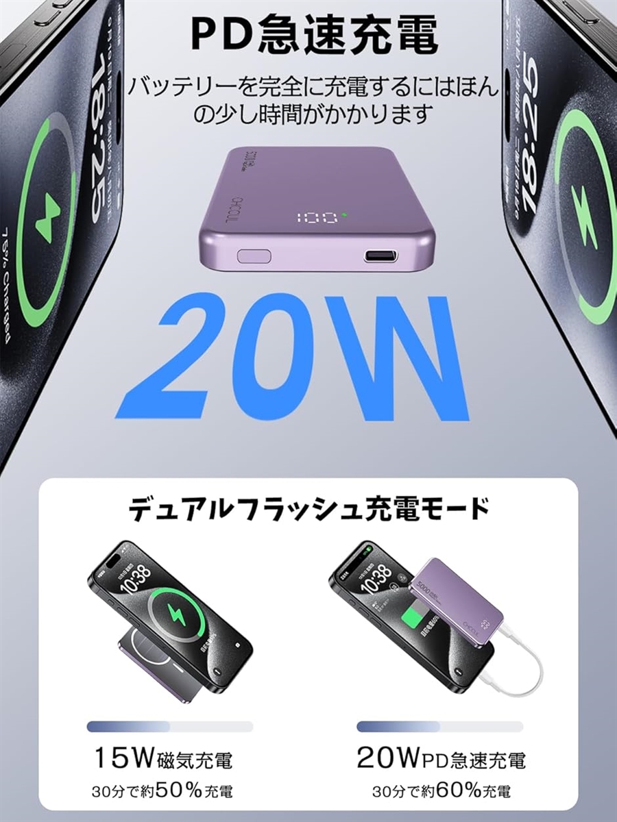 モバイル バッテリー MagSafe対応 薄型9MM 急速充電 マグネット