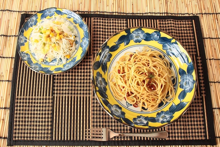 美濃焼 パスタ/カレー皿2枚＆小皿2枚セット 椿柄 黄色 イエロー 日本製