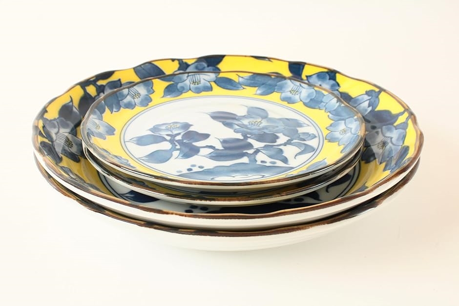 美濃焼 パスタ/カレー皿2枚＆小皿2枚セット 椿柄 黄色 イエロー 日本製