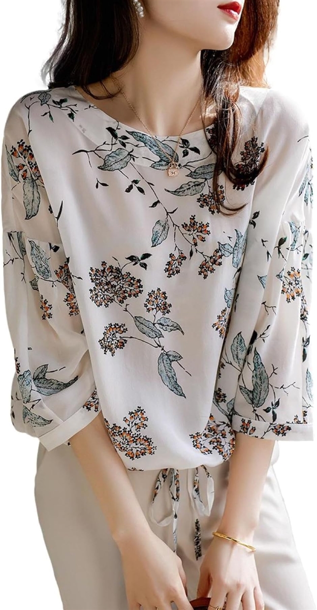 ボタニカル柄カットソー 花柄シフォン ドローストリング 透け感 7分袖 バルーンブラウス 細く見える 七部袖 結婚式(ホワイト,  M)