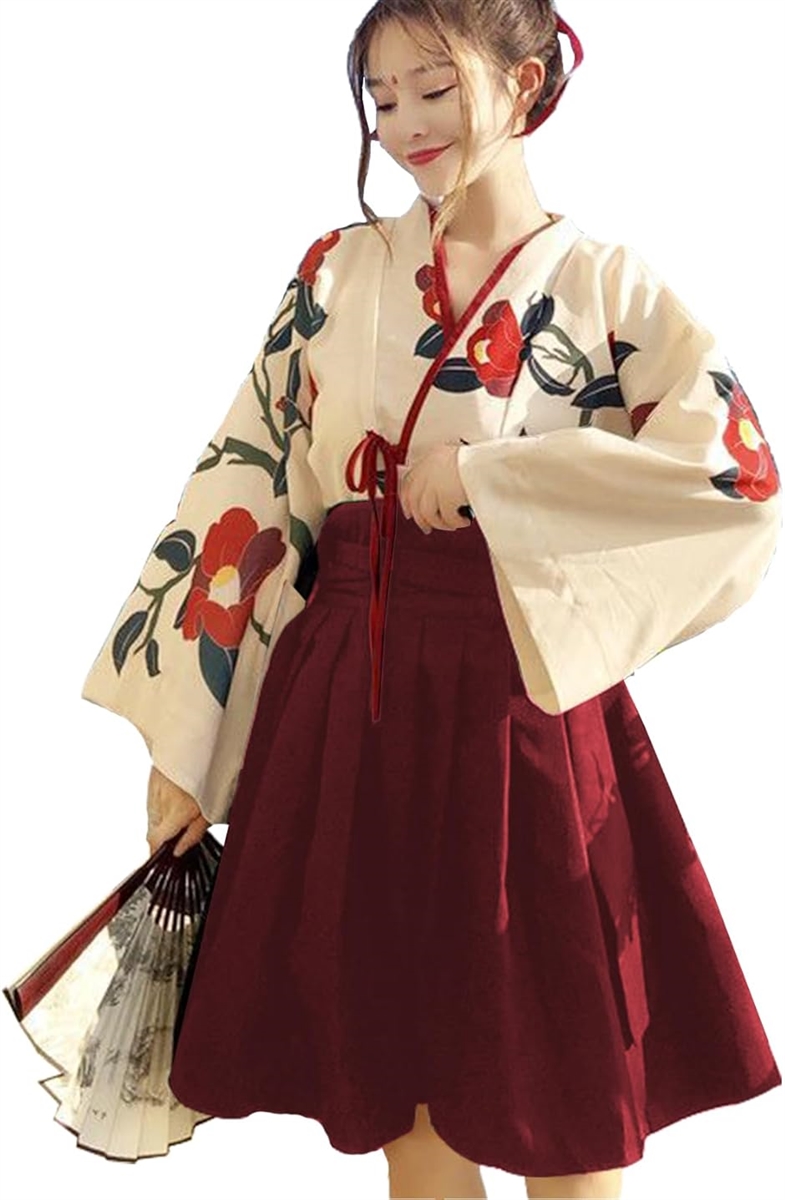 大正ロマン 袴 コスプレ 着物 和装 和服 ロリィタ 文化祭 ハロウィン ショート丈 赤色 Lサイズ(レッド)