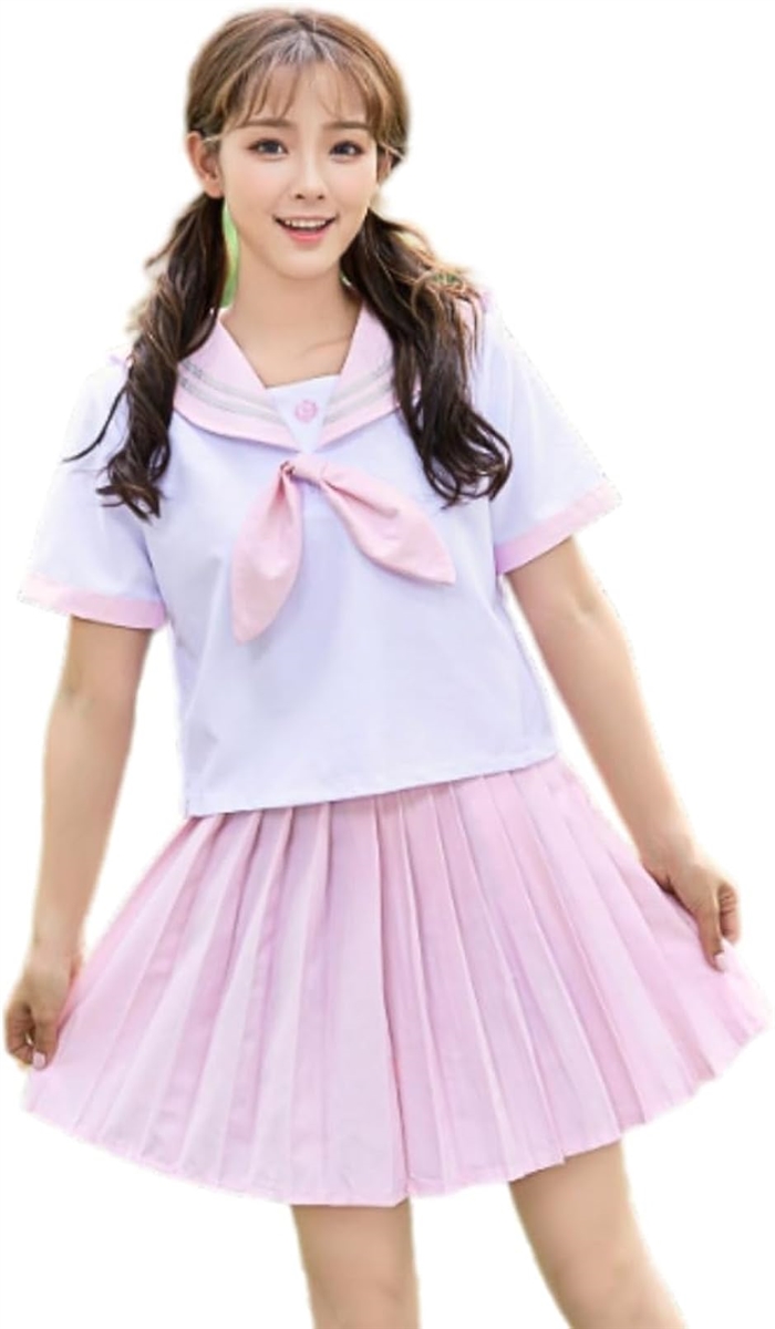 セーラー服 ピンク 半袖 シャツ スカート リボン コスプレ 制服 高校生 ミニスカート 清楚 JK(ピンク,  XL)