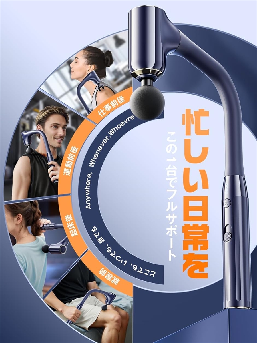 筋膜リリースガン 全身解放 ハンディガン パワフル 10mm振幅 背中まで届く 無段変速 伸縮ハンドル 筋膜ガン 静音 (ネイビーブルー)の画像