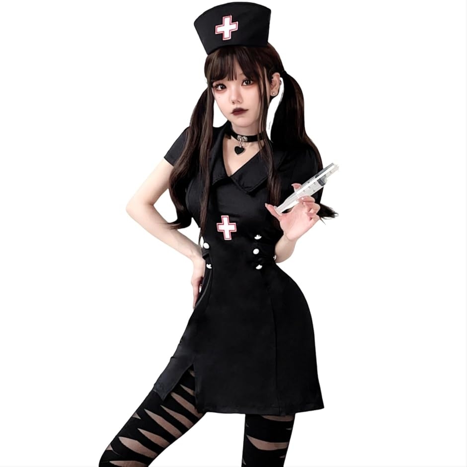 ナース コスプレ 看護師 レディース 制服 衣装 ナースキャップ ミニスカ 天使 e825 (黒衣,  L)