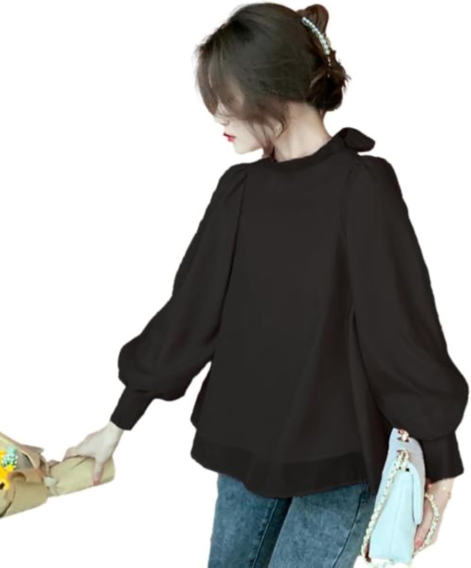 ブルーベリル ブラウス レディース バックリボン シフォン フレア パフスリーブ 長袖 立ち襟 くるみ釦 カフス(ブラック,  L)