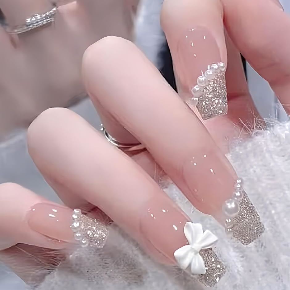 ネイルチップ 韓国 3d フレンチ キラキラ 可愛い 付け爪 ホワイト