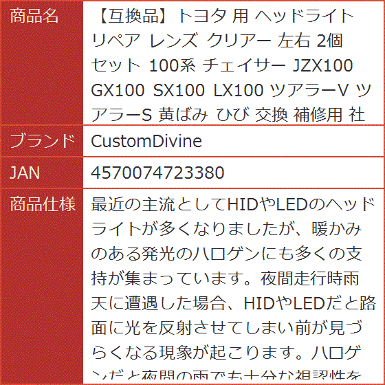 互換品】トヨタ 用 ヘッドライト リペア レンズ クリアー 左右 2個