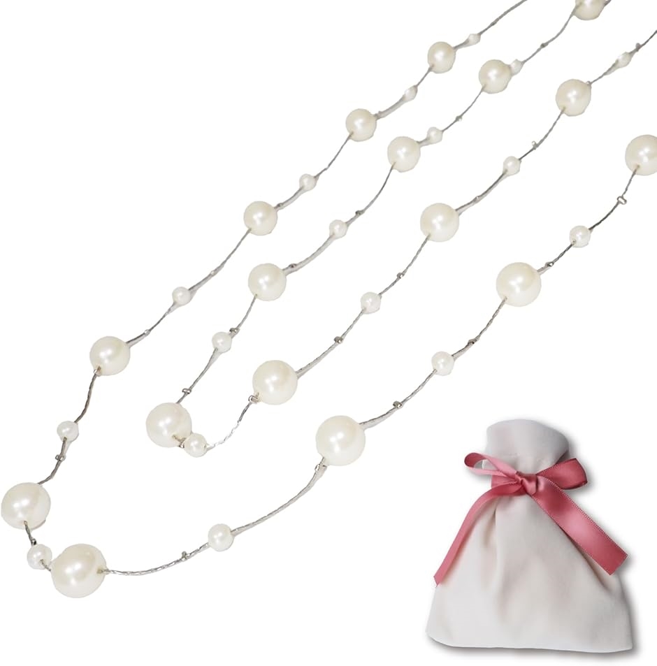 Yahoo! Yahoo!ショッピング(ヤフー ショッピング)ロングネックレス 軽量 ２連 ポーチ付き イミテーションパール 結婚式 パーティ（シルバー,  フリーサイズ）