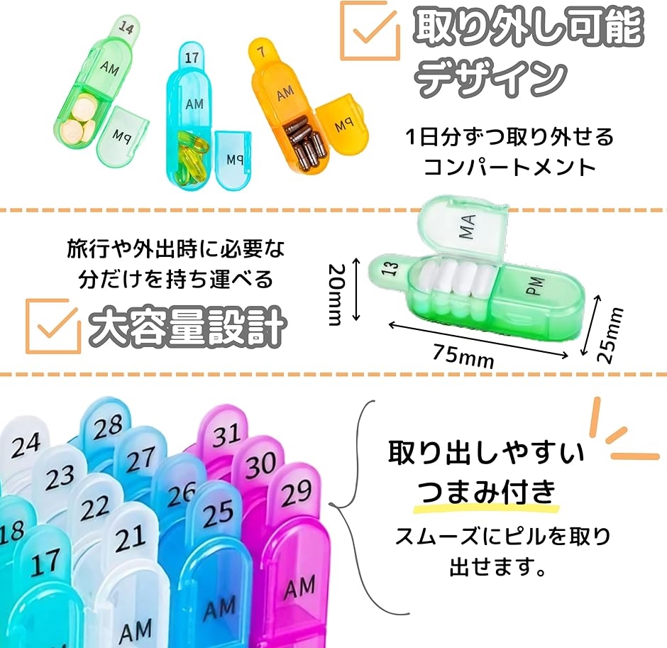 ピルケース 1ヶ月 大容量 薬ケース 薬入れ お薬 保管 小分け 飲み忘れ
