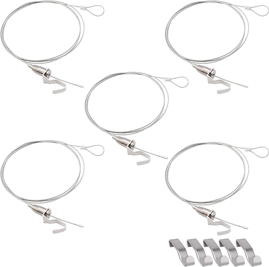 ピクチャーレール ワイヤー ワイヤーロープ 絵画 壁掛け 金具 5個(シルバー,  1.0m) | ブランド登録なし