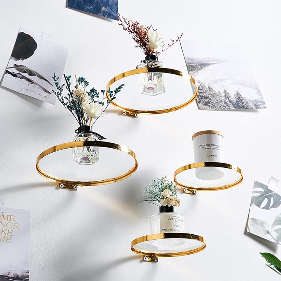 ガラス棚 丸型 壁掛け ゴールド フレーム おしゃれ 小物 収納 整頓
