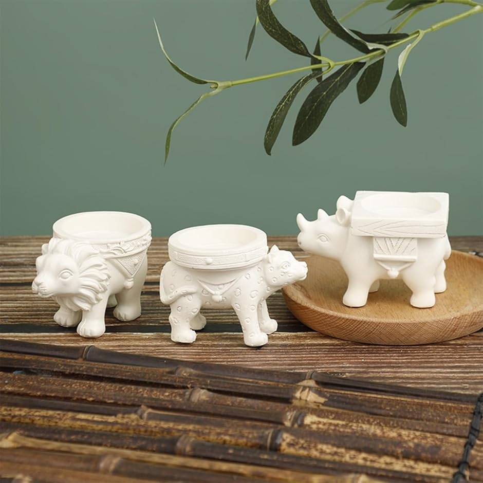 キャンドルホルダー 動物 3匹セット ヒョウ ライオン サイ アロマ 蝋燭