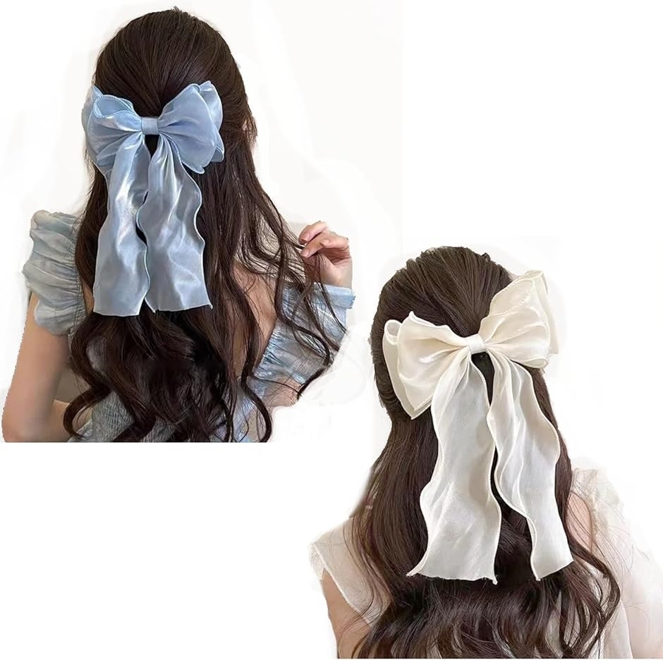 ヘアリボン 2個セット 髪飾り バレッタ ヘアクリップ 白 青 可愛い