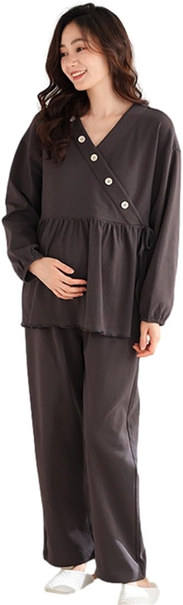 授乳 パジャマ 長袖 マタニティ 前ボタン 産前 産後 前開き(ブラック,  XL)