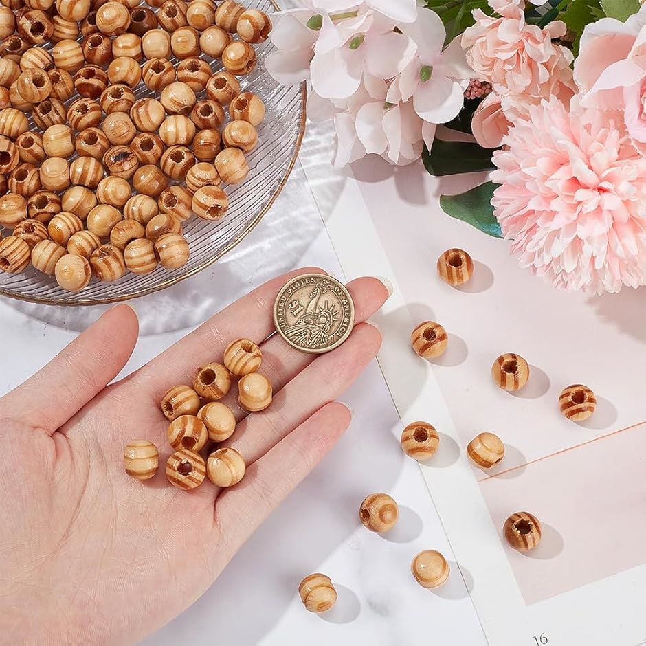 120個 木製ビーズ 穴5mm 大穴ビーズ 丸い ウッドビーズ ナチュラル