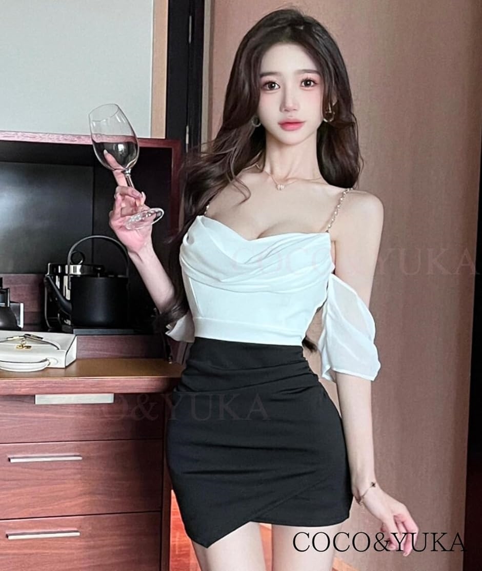 肩出し シフォン オフショルダー タイト ミニ ワンピース 胸元
