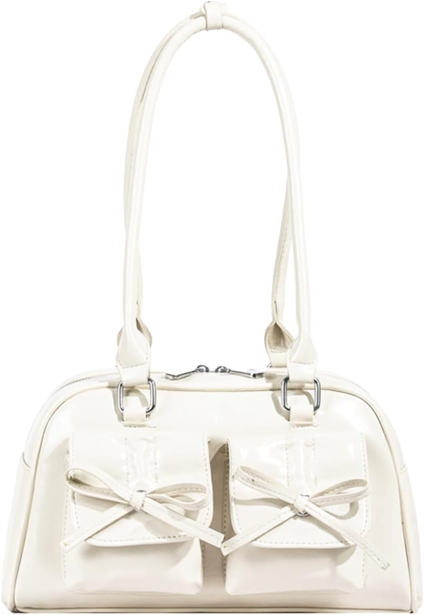 リボン付き黒と白のハンドバッグ 横長バッグ リボンバッグ ボストンバッグ ハンドバッグ 肩掛けバッグ