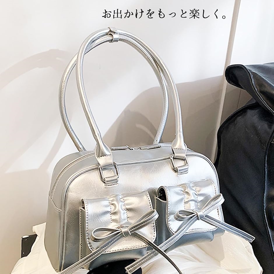 リボン付き黒と白のハンドバッグ Jelly moo（ジェリームー） ハンドバッグ 「 」 ダブルポケット