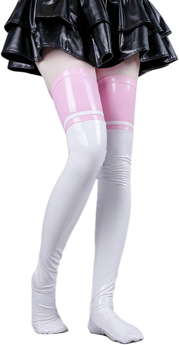 超光沢 ニーハイ丈 ストッキング コスプレ 衣装 小物 エナメル素材 セクシー ロングソックス 弾力 仮装(ピンク/ホワイト,  LL)