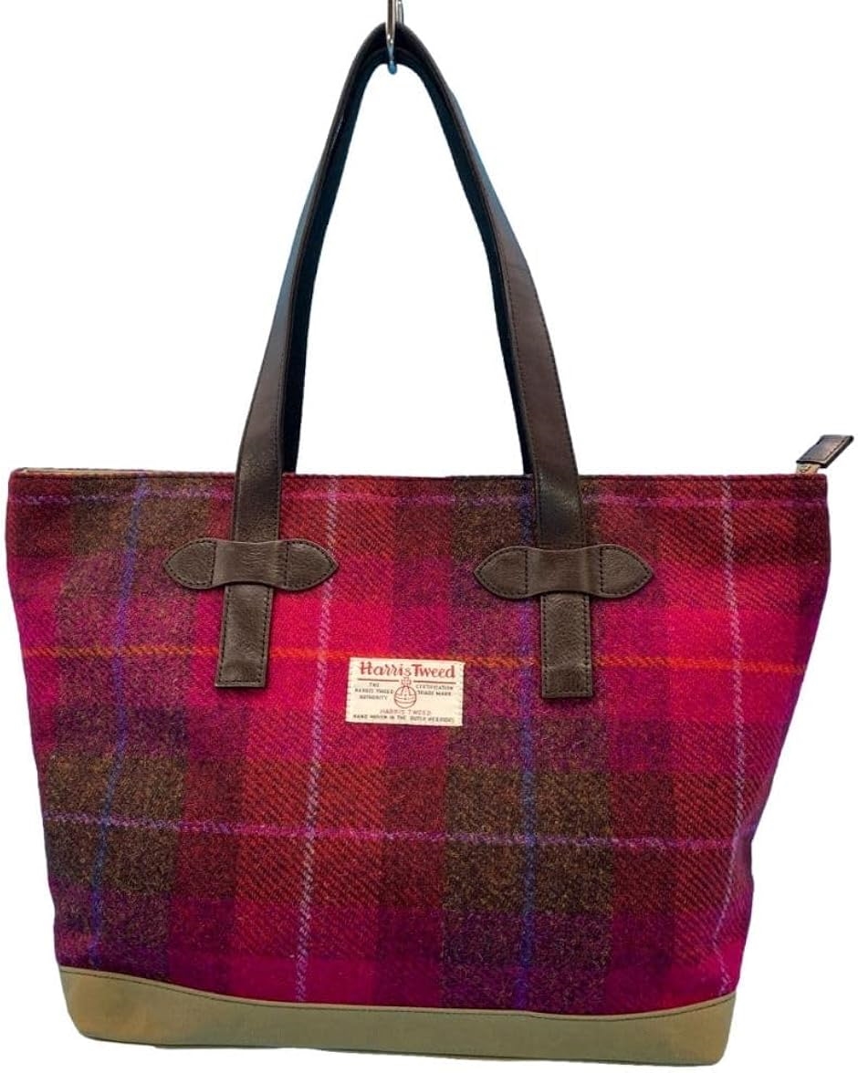 Harris Tweed ハリスツイードｘパラフィン帆布の横型トート、牛革付属、天ファスナー付き WG2422-PKC(PKC)