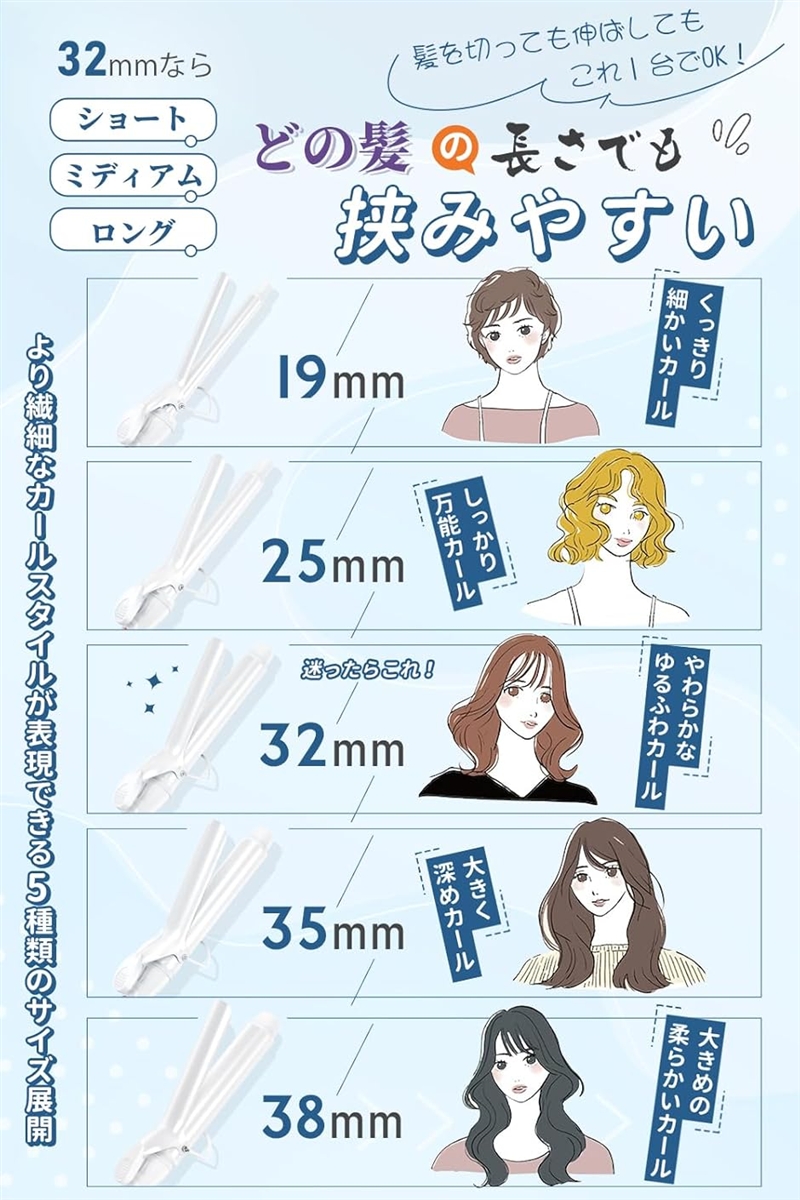 ヘアアイロン カールアイロン コテ カーリングアイロン 5段階温度調整