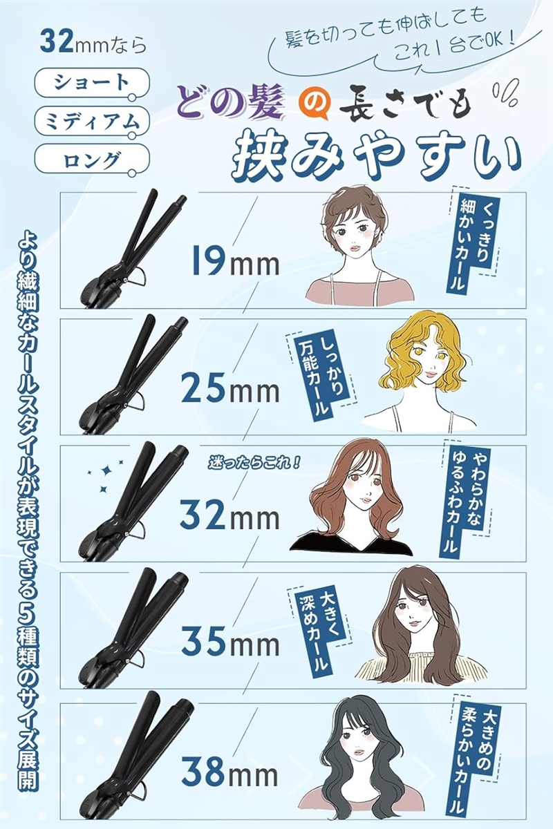 ヘアアイロン カールアイロン コテ カーリングアイロン 5段階温度調整