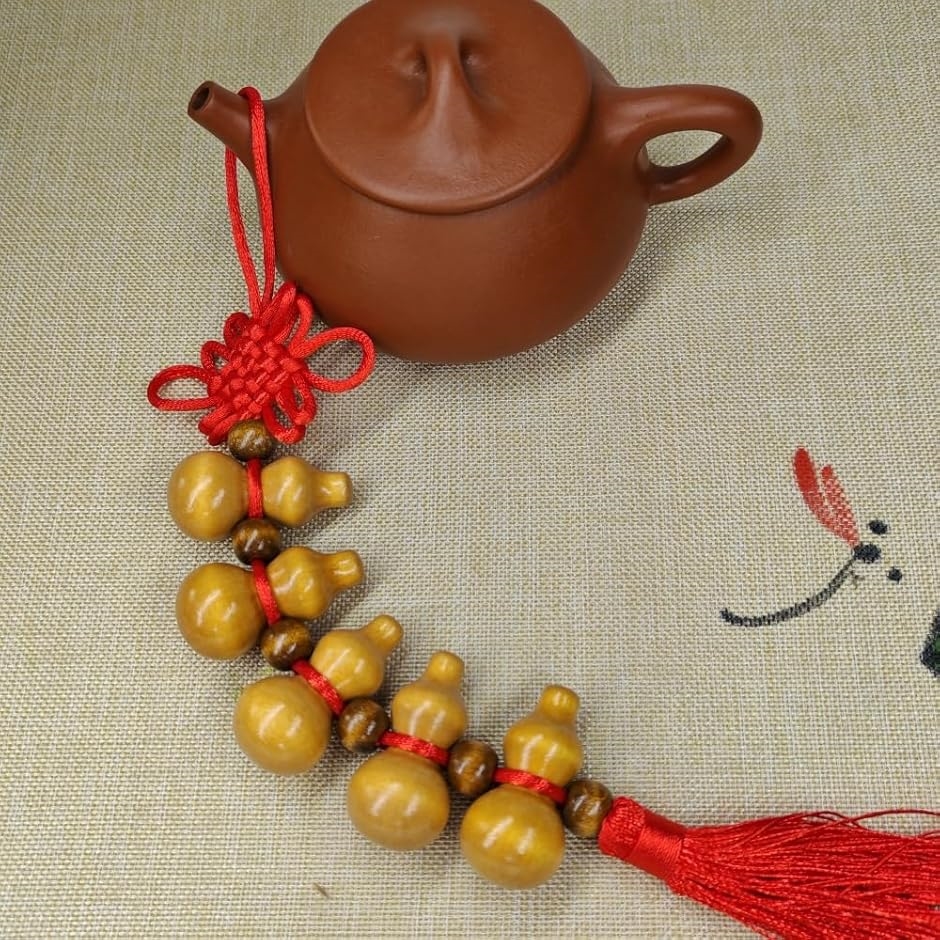 五福ひょうたん 5つの瓢箪の装飾 手編みストラップ 吉祥結び 赤い房