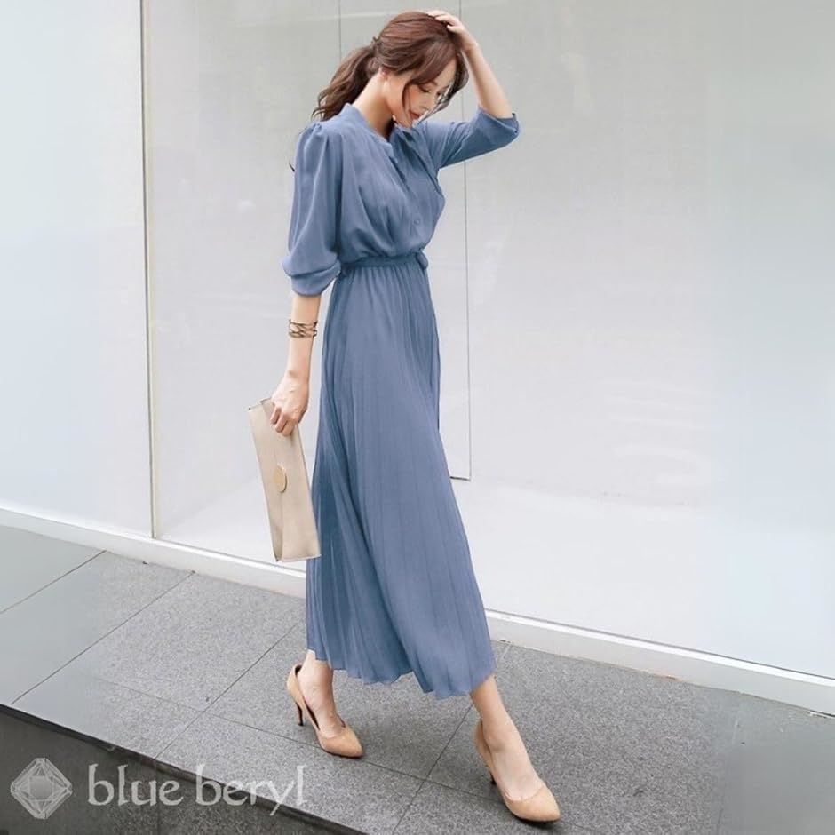 ブルーベリル シフォンワンピース ロング プリーツ レディース 長袖