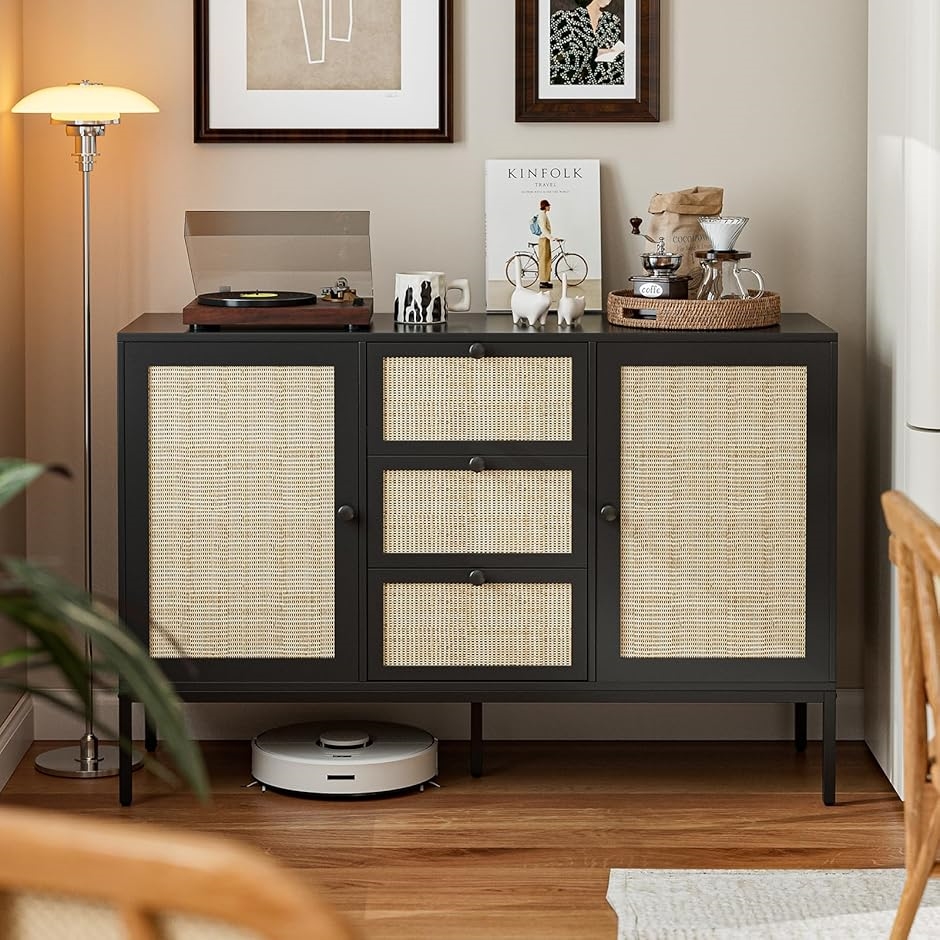 ラタンキャビネット 木製 サイドボード 3扉 チェスト リビングボード