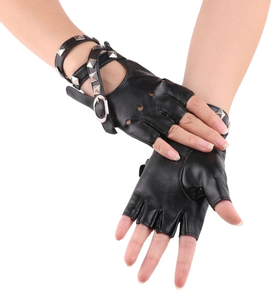 Yahoo! Yahoo!ショッピング(ヤフー ショッピング)指なし手袋 革 レディース グローブ コスプレ フィンガーレスグローブ スタッズ付き フリーサイズ（ブラック,  Free Size）