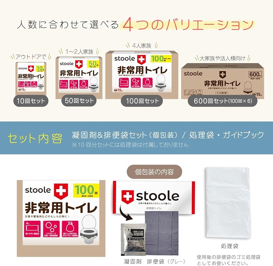 スツーレR 簡易トイレ 凝固剤 携帯トイレ 災害用 防災 非常用 個包装 15年保存(100回セット) | ブランド登録なし | 07