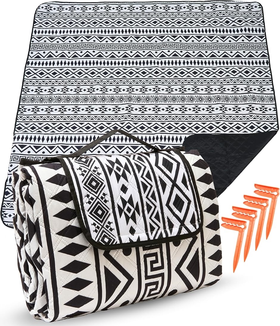 敷くだけ、ぐんと素敵に レジャーシート 大判 200x200 cm 厚手 3層構造 キルティング 生地 撥水 |(モノクロ,  大判)