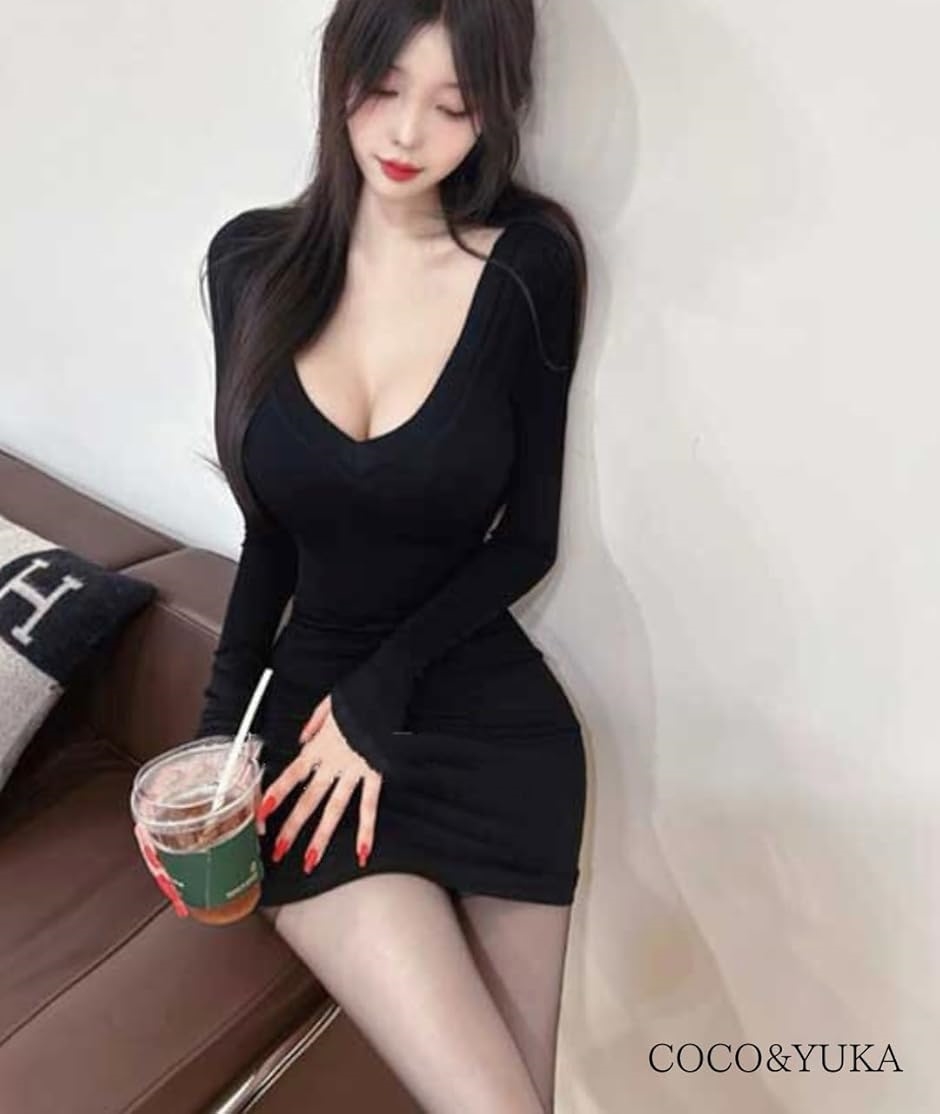 Vネック タイト ワンピース ミニ セクシー リブニット 谷間 強調 オフ