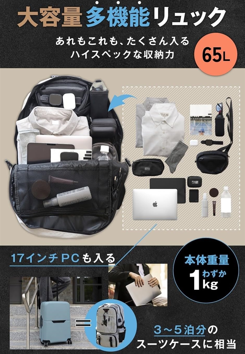 おしゃれ女子の大容量リュック 65Lx多収納xシューズ収納x17インチPC