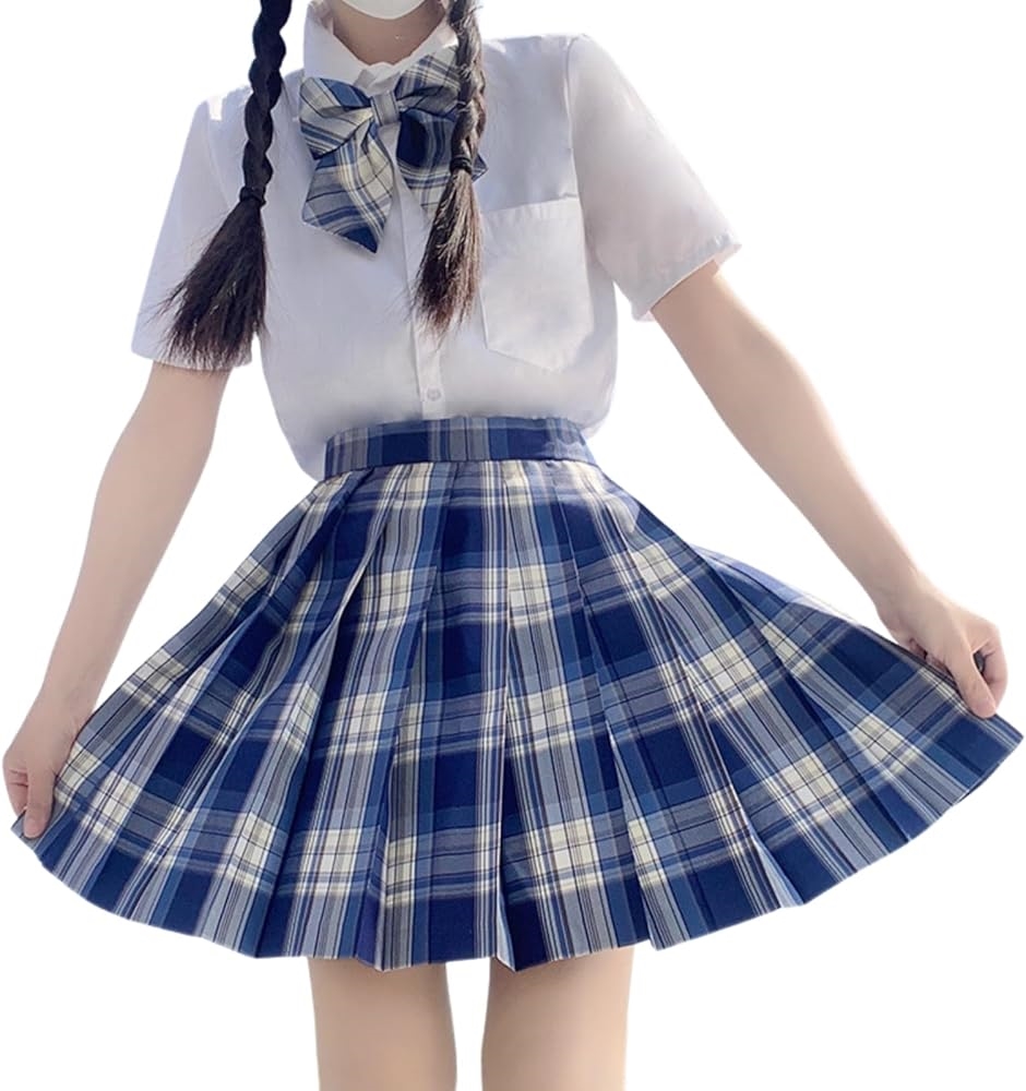 制服 コスプレ 女子高生 プリーツスカート チェックスカート シャツ リボン 3点セット チェック柄 半袖 学生服(ブルー, L)